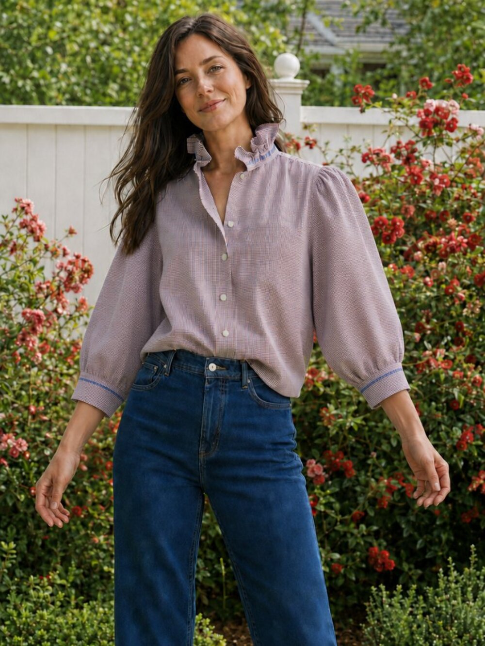 Red Blue Gingham Ruffle Blouse, Embroidered Nautica Upcycled Shirt, Women’s S/M